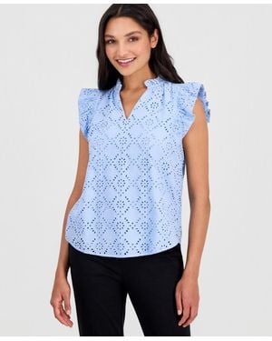 Anne Klein Cotton Eyelet Flutter-sleeve Top - White
