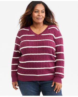 Style & Co. Plus Size Cotton Cable-knit V-neck Stripe Sweater - Red