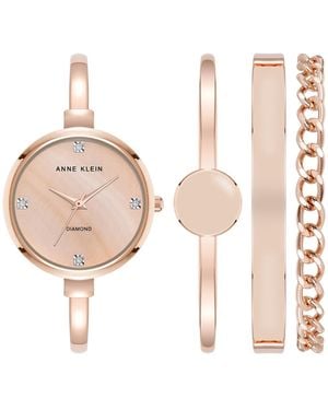 Anne Klein Quartz Pink Enamel And Rose Gold-tone Metal Alloy Bangle Watch Set