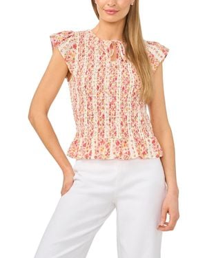 Cece Printed Tie-neck Smocked Top - White