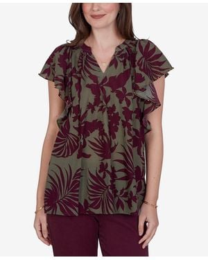 Ruby Rd. Petite Tropical Print Gauze Flutter-sleeve Top - Red