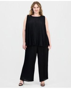 Anne Klein Plus Size Round Neck Sleeveless Pleated Top Pull On Pleated Pants - Black