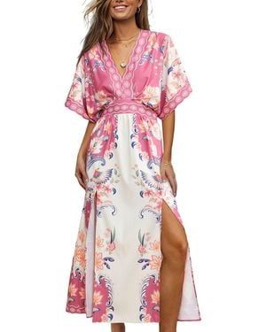CUPSHE Plunging V-neck Short-sleeve Woven Maxi Dress - Red