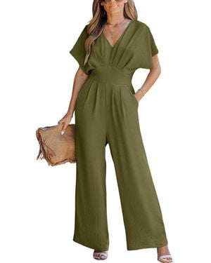 CUPSHE V-neck Short Sleeve Straight Leg Jumpsuit - Green