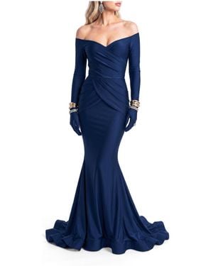 Jessica Angel Off-the-shoulder Long-sleeve Mermaid Evening Gown - Blue