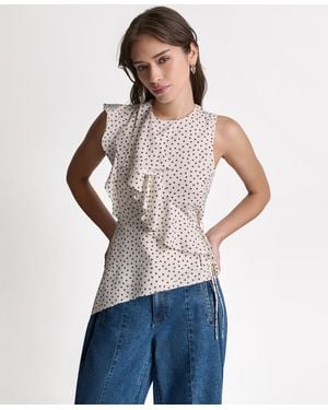 BCBGMAXAZRIA Faux Wrap Crewneck Ruffle Top - Blue