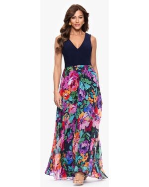 Xscape V-neck Printed-skirt Gown - Blue