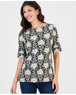 Style & Co. Printed Boat-neck Elbow-sleeve Top - Black