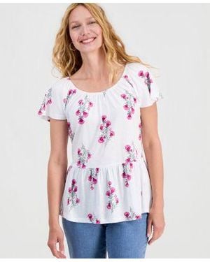 Style & Co. Style Co Printed Peplum Scoop Neck Top Macys Exclusive - White