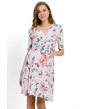 Hello Miss Maternity Floral Short Sleeve Nursing Wrap Dress - White
