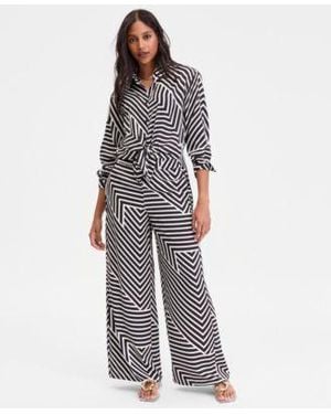 INC International Concepts Long Sleeve Striped Button Front Shirt Wide Leg Pants - White