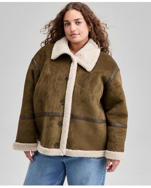 And Now This Trendy Plus Size Faux Suede Sherpa Jacket - Brown