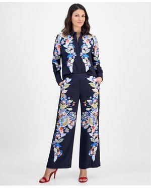 Tahari Floral Placement-print Pull-on Pants - Blue