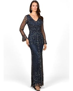 Lara Beaded Long Sleeve V-neck Gown - Blue