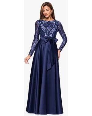 Xscape Boat Neck Sequin Mesh Long Ball Gown - Blue