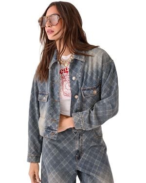Nasty Gal Check Denim Distressed Jacket - Gray