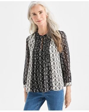 Style & Co. Printed Pintuck Shine Blouse - Black