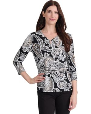 Jones New York 3/4 Sleeve Paisley-print V-neck Blouse - Gray