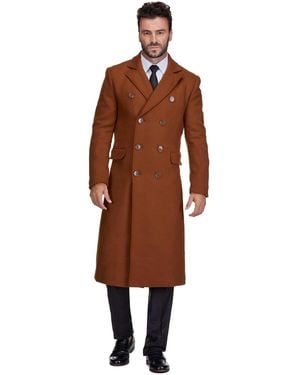 Braveman Double-breasted Knee Length Wool Blend Three Button Long Overcoat Top Coat - Brown