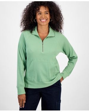 Style & Co. Waffle-knit Quarter Zip Top - Green