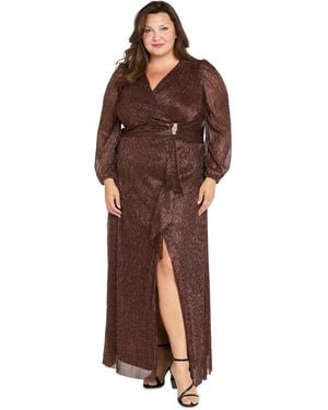 R & M Richards Plus Size Crinkle Pleated Long Sleeve Ruffle Cascade Dress - Brown