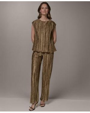 Donna Karan Crewneck Pleated Novelty Blouse Wide Leg Pants - Brown