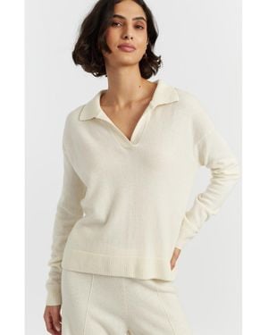 Chinti & Parker Wool Cashmere Blend V Neck Collared Sweater - White