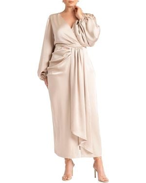Eloquii Satin Puff Sleeve Pleated Dress - Natural