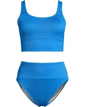 Lands' End Tugless Ribbed Midkini And High Waisted Bottom Swimsuit Set - Blue