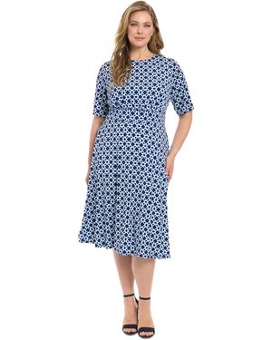 London Times Plus Size Printed Short-sleeve Midi Dress - Blue