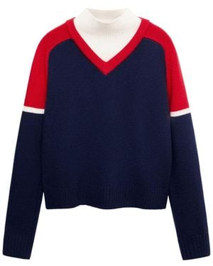 Mango High Neck Contrast-overlay Wool-blend Sweater - Blue