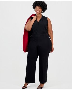 Anne Klein Plus Size Gold Button Wide-leg High-waisted Pants - Blue