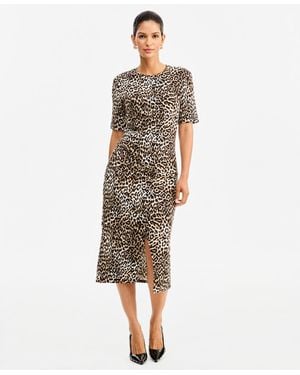 INC International Concepts Leopard-print Front Slit Short-sleeve Midi Dress - White