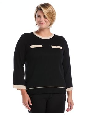 Rafaella Plus Size Contrast-trim Crewneck Sweater - Black