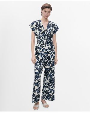 Mango Belt Printed Linen Jumpsuit - Blue