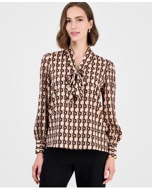 Tahari Long-sleeve V-neck Bow Tie Geometric-print Blouse - Multicolor