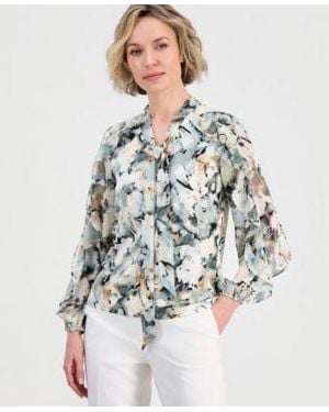 Anne Klein Printed Tie Neck Ruffle Blouse Regular Petite - Gray
