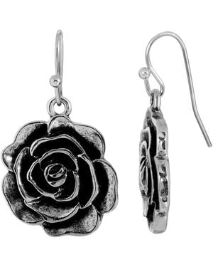 2028 Silver-tone Flower Drop Earrings - Black