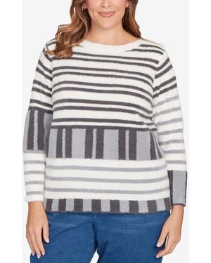 Ruby Rd. Plus Size Striped Feather Eyelash Sweater - Gray