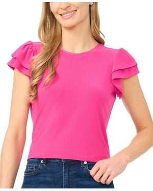 Cece Double Ruffle-sleeve Crewneck Top - Pink