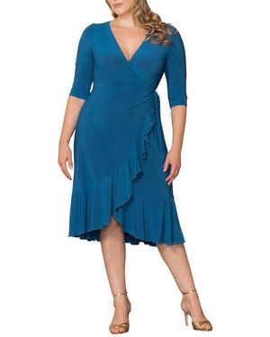 Kiyonna Plus Size Whimsy Ruffled Midi Wrap Dress - Blue