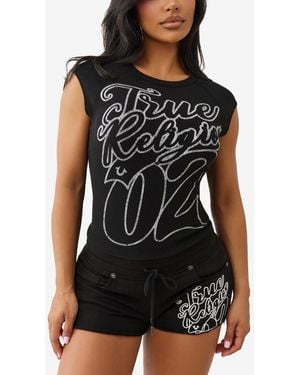 True Religion Sporty Raglan Ribbed Crew Neck Top - Black