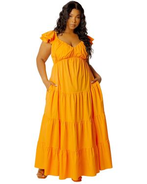 Buxom Couture Plus Size Flutter Sleeve Tiered Maxi Dress - Orange