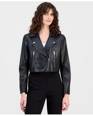 Anne Klein Faux Leather Cropped Moto Jacket - Black