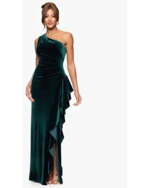 Xscape Velvet One Shoulder Long Ruffle Dress 4p 16 - Blue