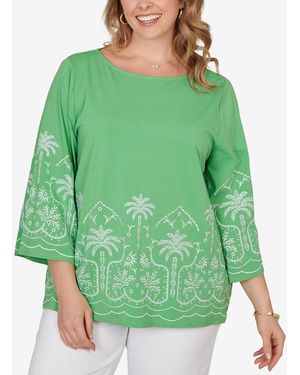 Ruby Rd. Plus Size Palm Tree Embroidered Knit Top - Green