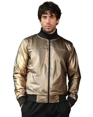 Campus Sutra Antique Bronze Patent-panel Bomber Jacket - Black