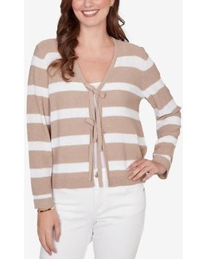 Ruby Rd. Petite Striped Tie-front Cardigan Sweater - Natural