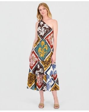 Tahari Printed Tiered One-shoulder Maxi Dress - White