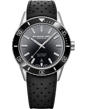 Raymond Weil Swiss Automatic Freelancer Diver Perforated Rubber Strap Watch 43mm - Black